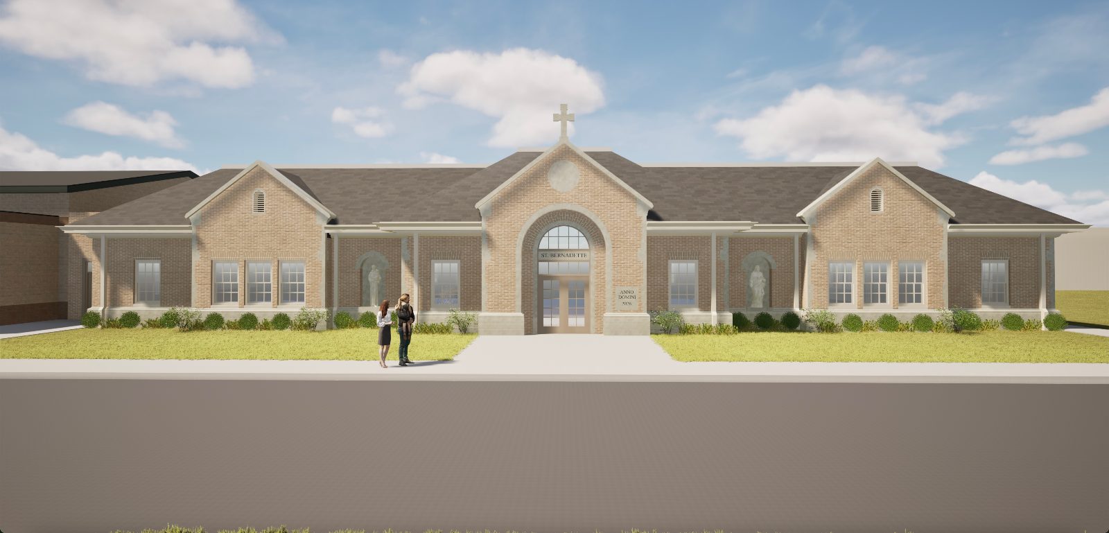 Rendering of the new middle school and library entrance, front view, with arched doorway, cross, and
