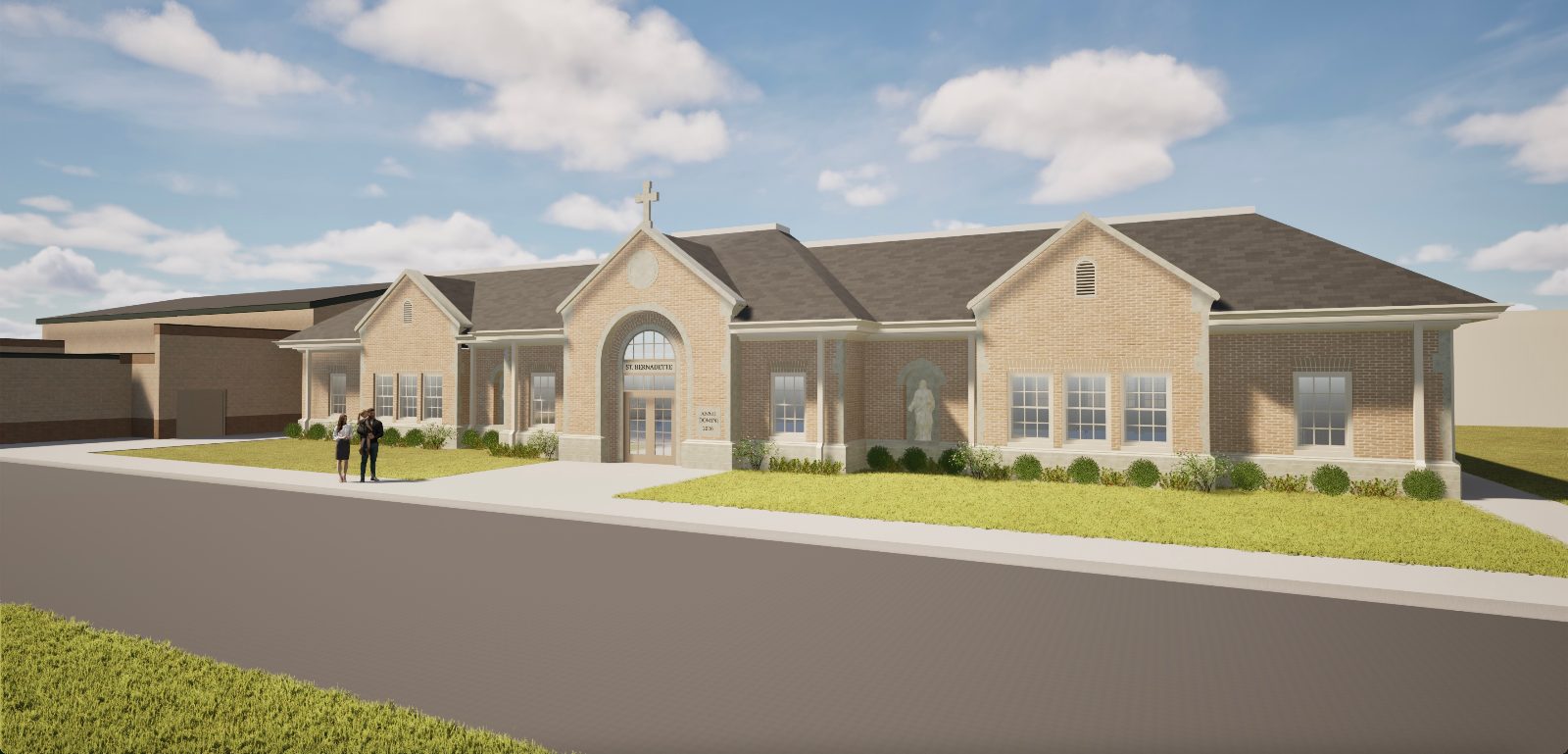 Rendering of the expansion from the street, angled front view connecting to the existing school