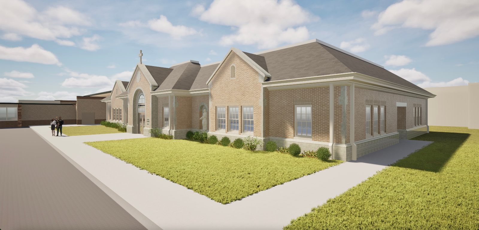 Rendering of the expansion from the corner, showing the front entrance and side wing