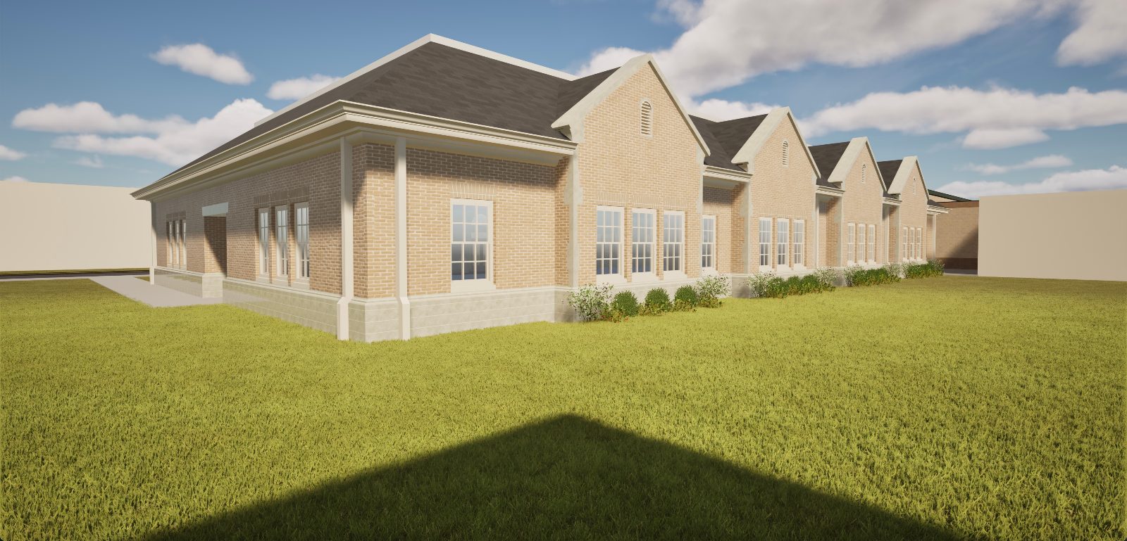 Rendering of the expansion from the rear lawn, showing classroom windows and gables